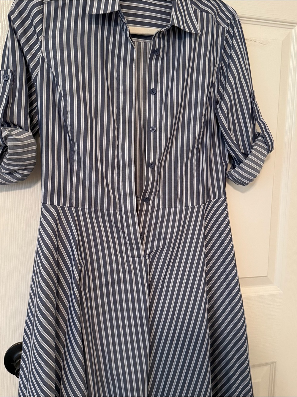 BCBGMaxAzria Navy and White Striped Midi Shirt Dress church office 100% cotton - Picture 2 of 10